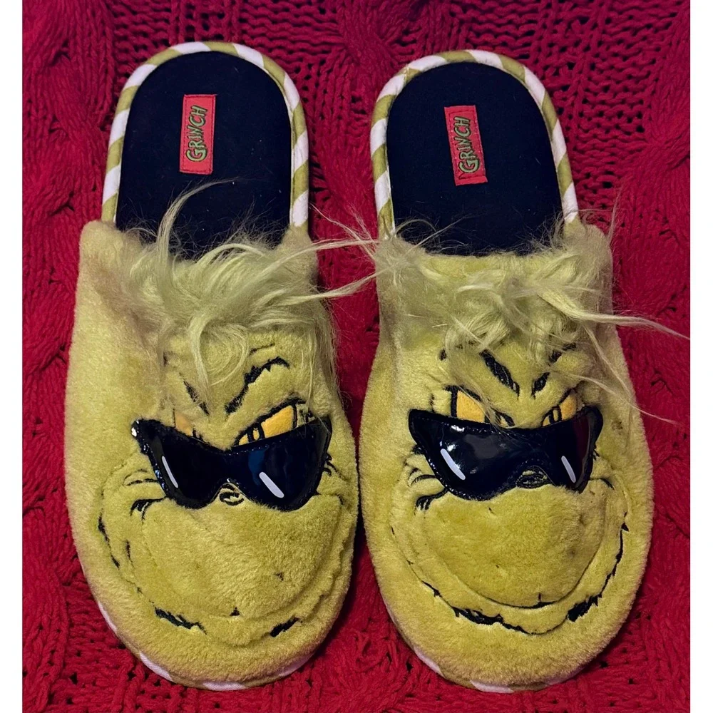 Dr. Seuss The Grinch Sunglasses Plush Slippers Mens 9-10 Green Novelty Shoes